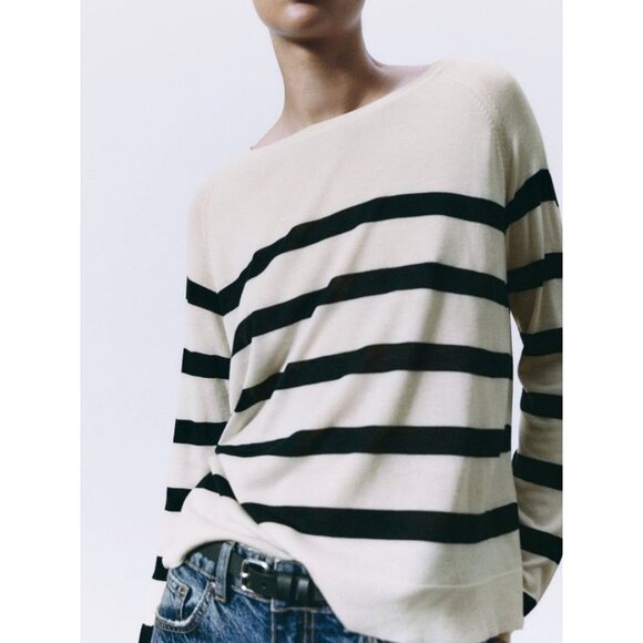 Zara Ivory Black Striped Basic Knit Pullover Sweater Crewneck Lightweight XL - Picture 4 of 15